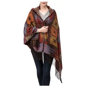 Euty One Size Aztec Boho Hippie Fringe Multicolor Poncho Cardi Hoodie Shawl
